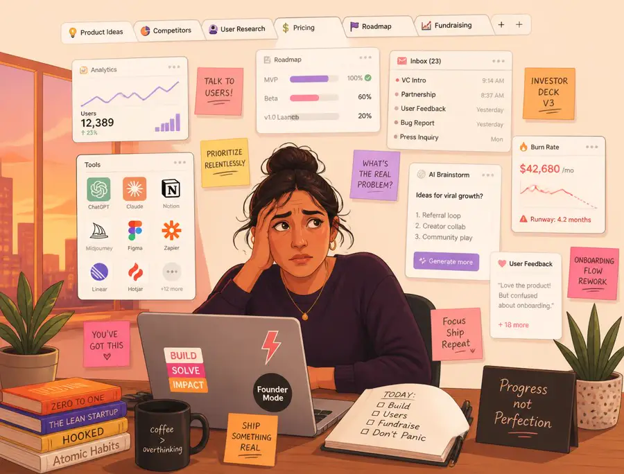 Illustration of a founder overwhelmed by too many AI tools and open tabs