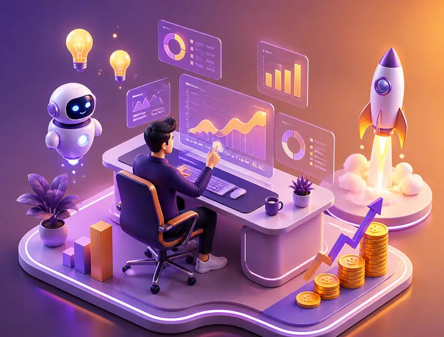 Illustration of the AI Business Launch Kit toolbox with checklists, prompts, and launch tools